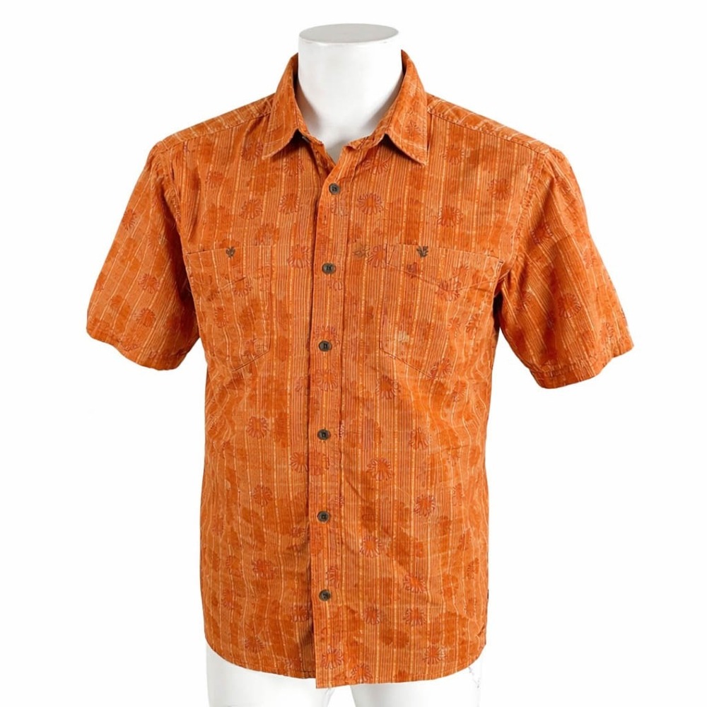 REI Shirt Medium Orange Plaid Flowers Stripes Floral